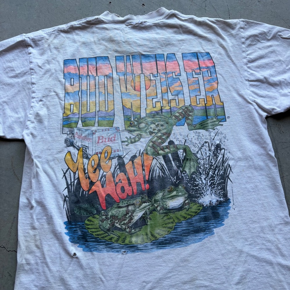 Vintage 1995 Budweiser Frogs Yee Hah Distressed T-Shirt Large White 90s Promo
